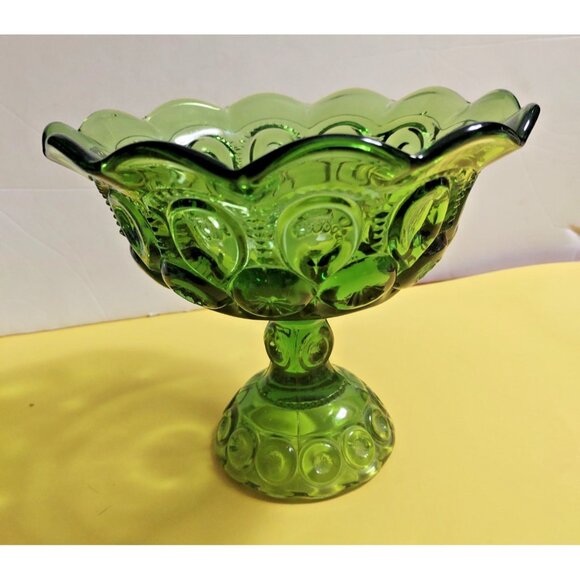 L.E. Smith Green Footed Compote Bowl Moon & Stars 6 5/8"H x 8"W - Picture 6 of 9